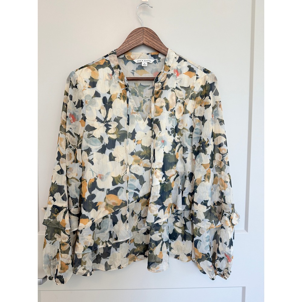 Zac and Rachel‎ Lemon Tree Print Sheer Balloon Sleeves Blouse Ruffle Medium Boho